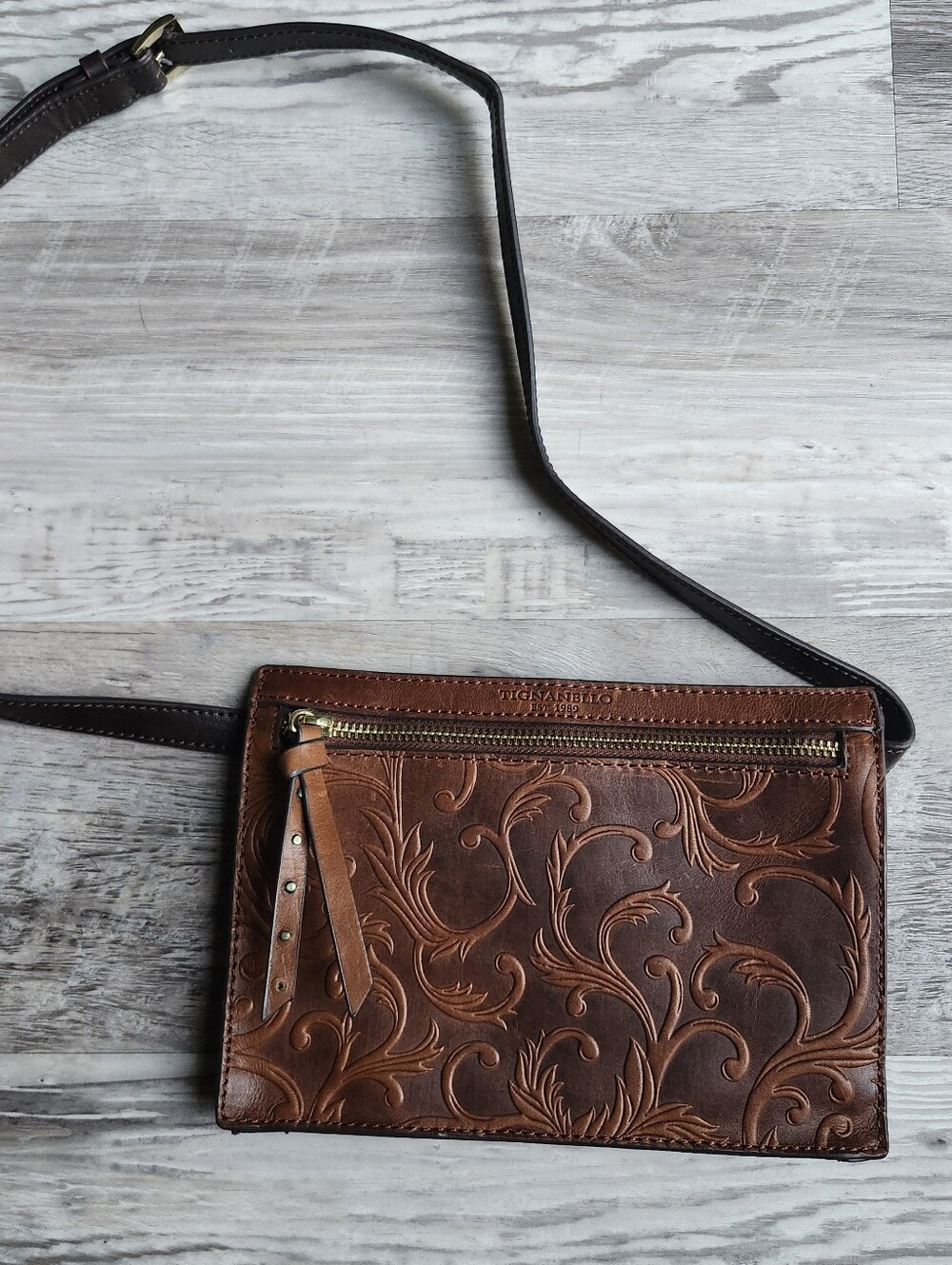 Tignanello Brown Embossed Leather Crossbody Bag RFID Boho NWOT